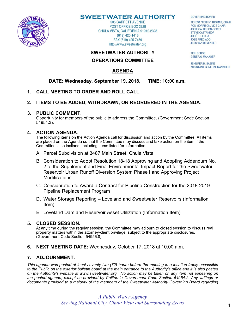 A Public Water Agency Serving National City, Chula Vista and Surrounding Areas 1 Operations Committee Meeting Agenda of September 19, 2018 – 10:00 A.M