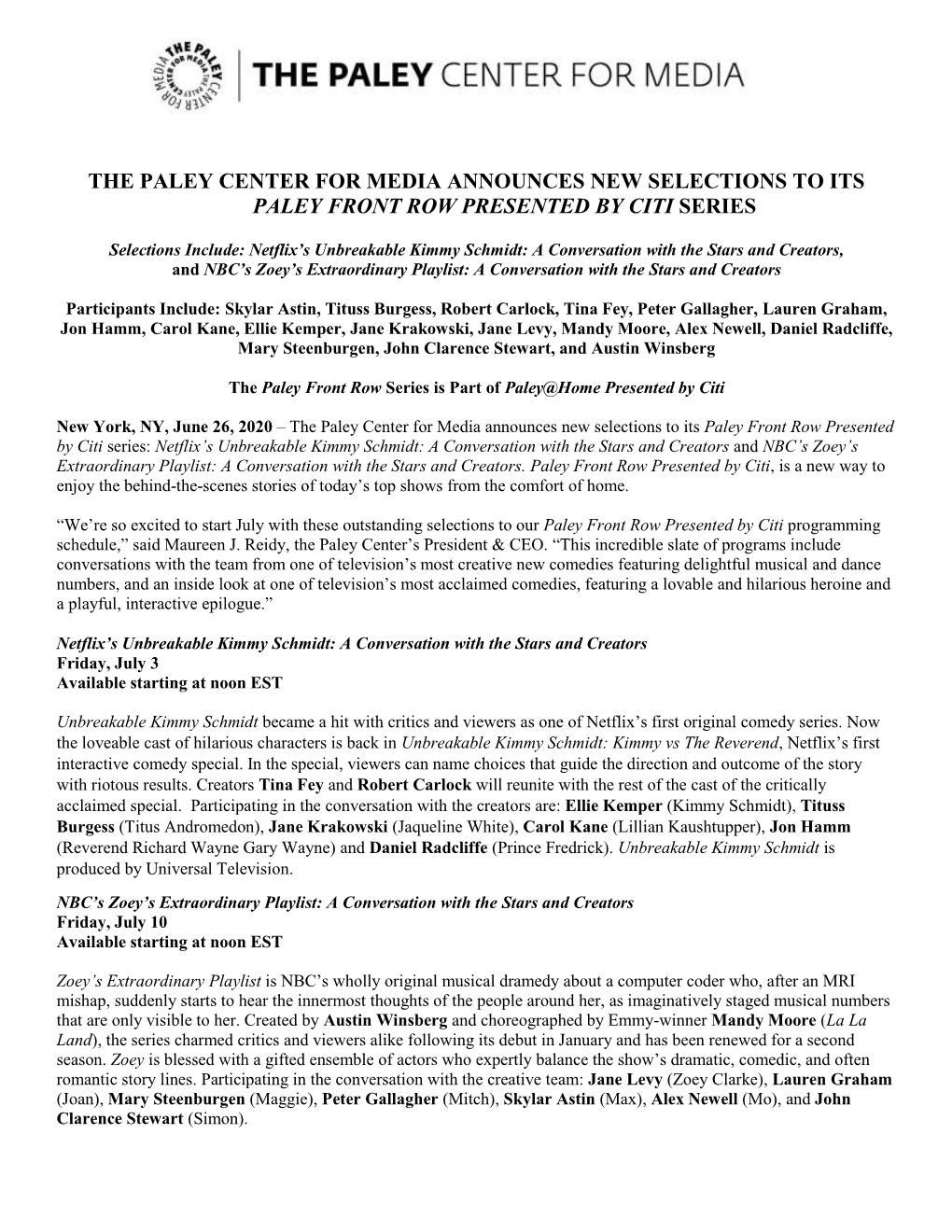 The Paley Center for Media Announces New Selections to Its Paley Front Row Presented by Citi Series