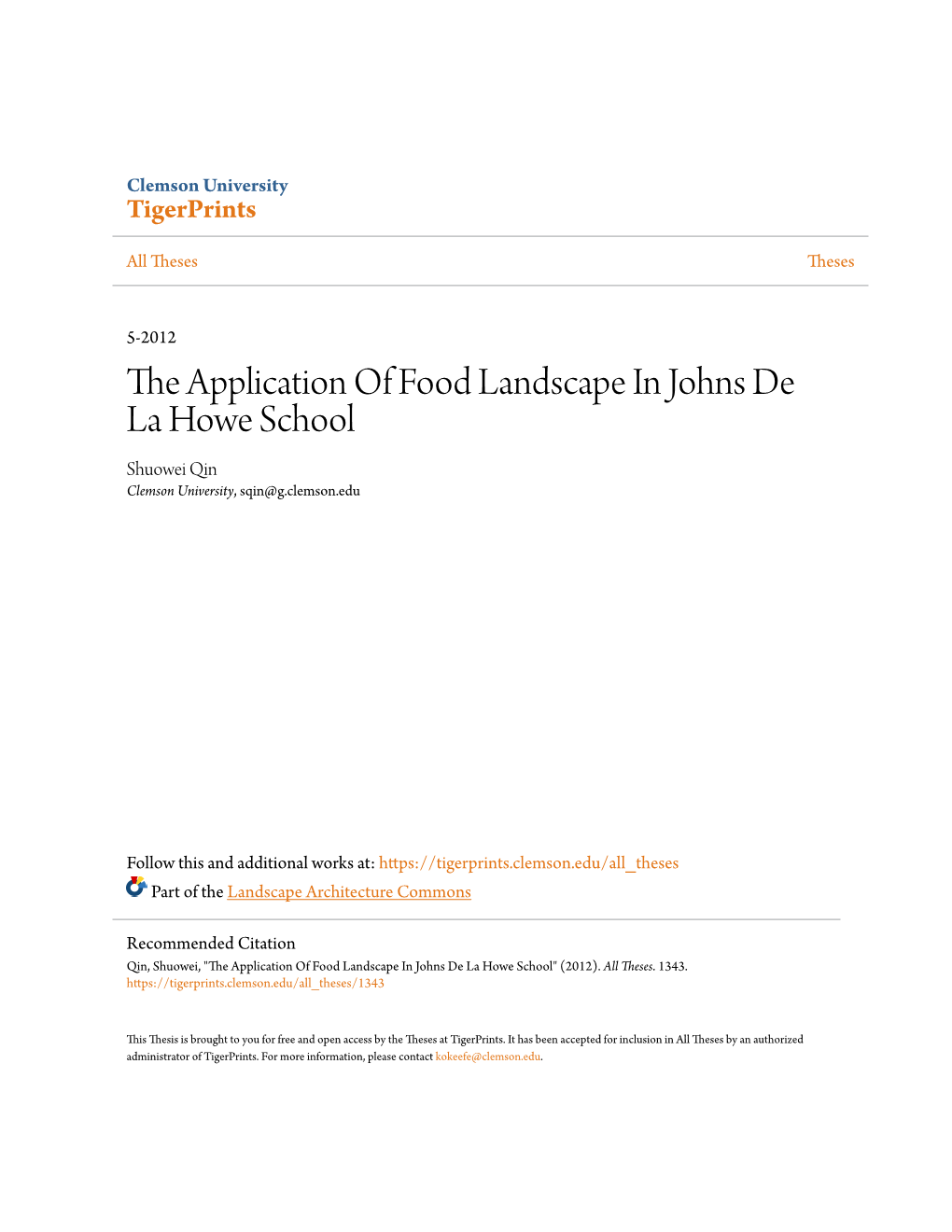 The Application of Food Landscape in Johns De La Howe School Shuowei Qin Clemson University, Sqin@G.Clemson.Edu