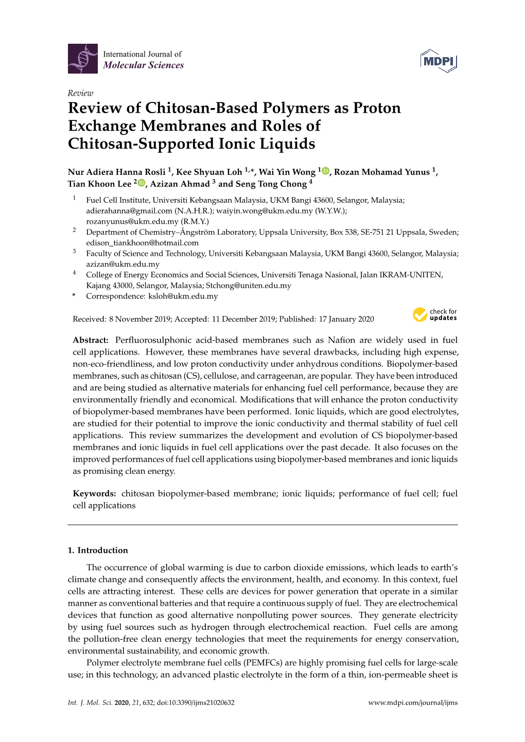 Review of Chitosan-Based Polymers As Proton Exchange Membranes and Roles of Chitosan-Supported Ionic Liquids