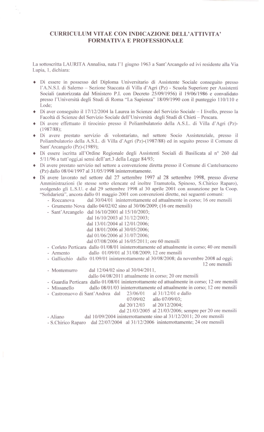 Curriculum Vitae Con Indicazione Dell'attivita