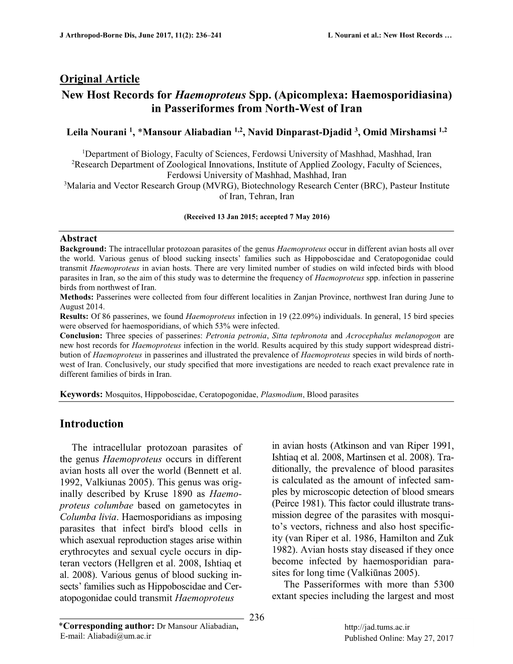 New Host Records for Haemoproteus Spp.(Apicomplexa