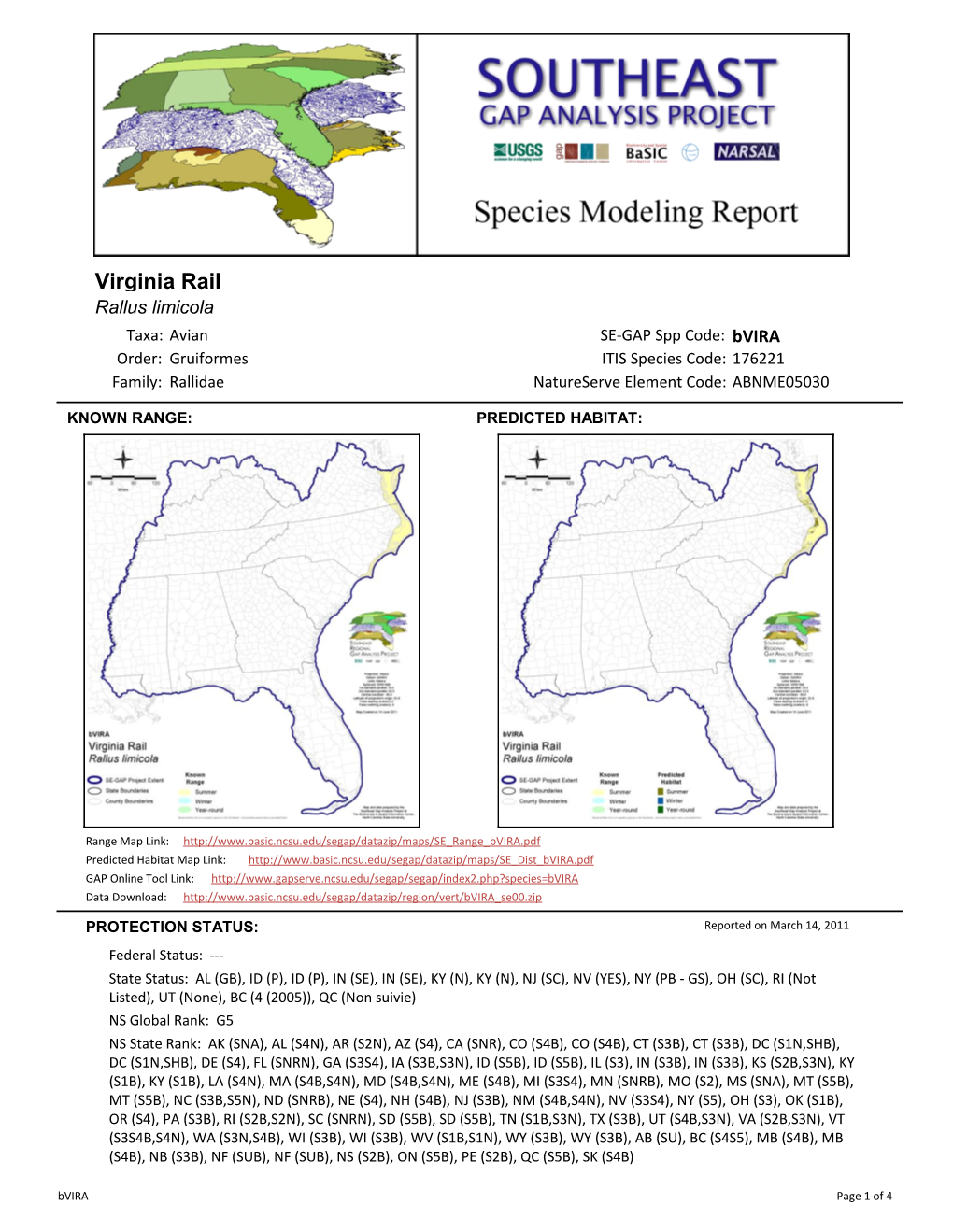Virginia Rail Rallus Limicola Taxa: Avian SE-GAP Spp Code: Bvira Order: Gruiformes ITIS Species Code: 176221 Family: Rallidae Natureserve Element Code: ABNME05030