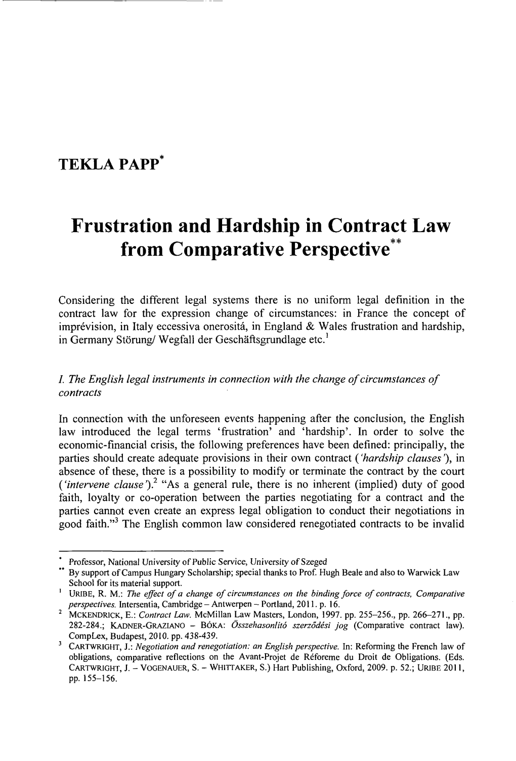 Frustration and Hardship in Contract Law from Comparative Perspective