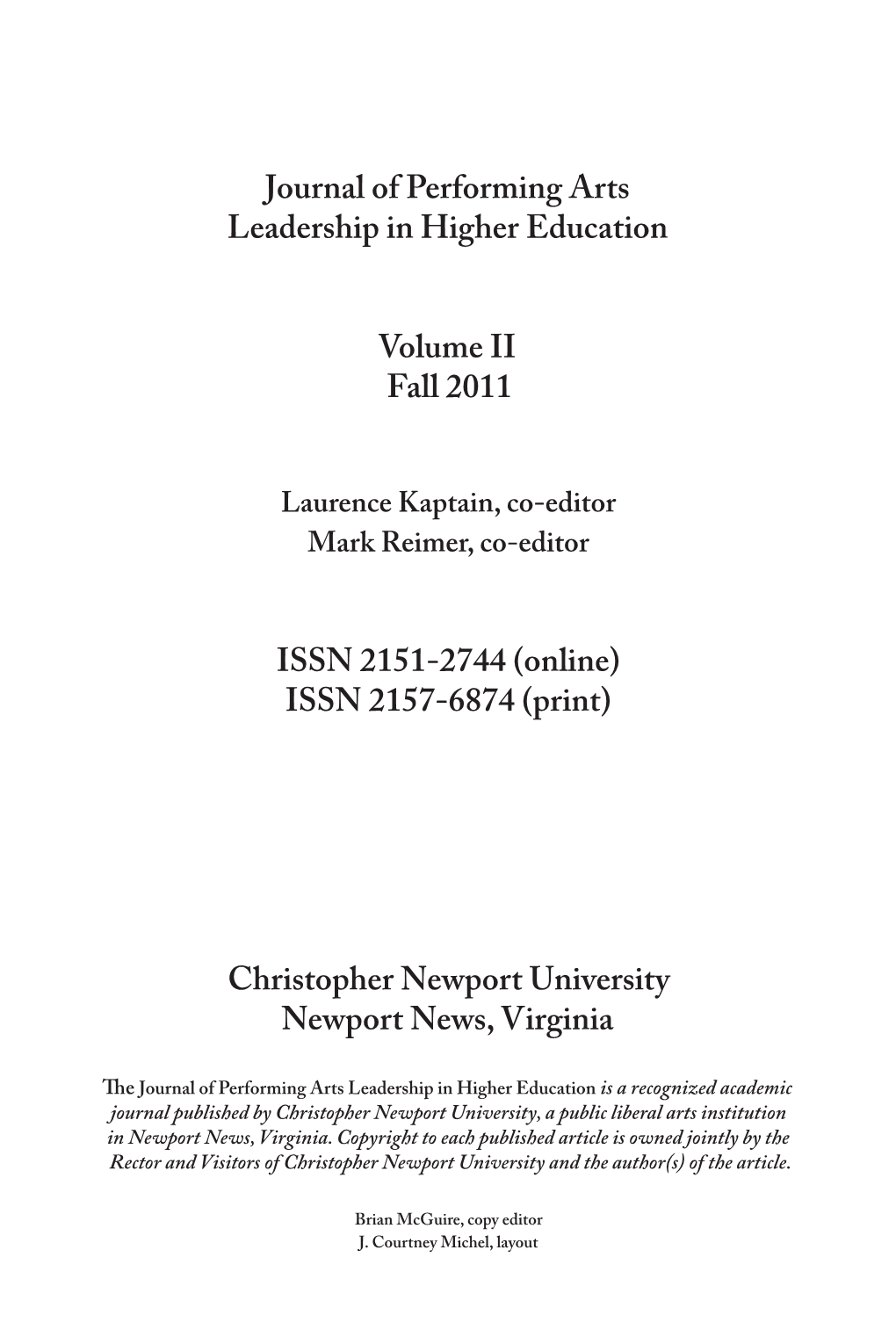 Journal of Performing Arts Leadership in Higher Education Volume II Fall