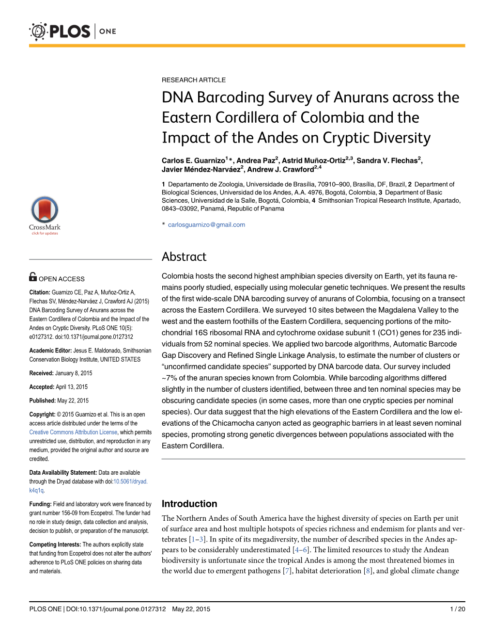 DNA Barcoding Survey of Anurans Across the Eastern Cordillera of Colombia and the Impact of the Andes on Cryptic Diversity