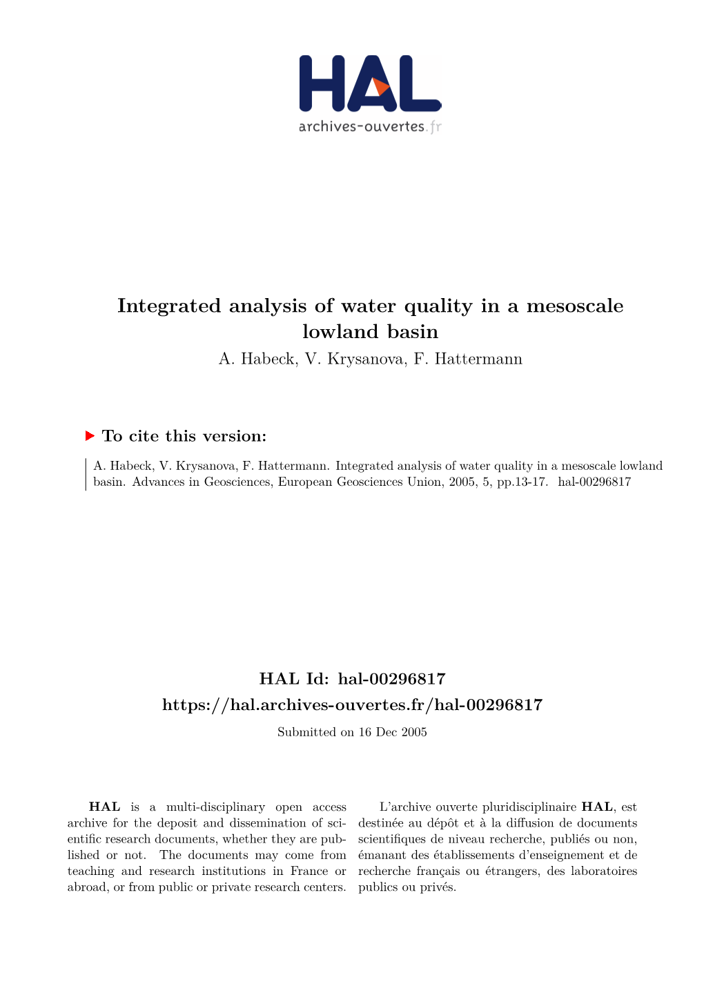 Integrated Analysis of Water Quality in a Mesoscale Lowland Basin A