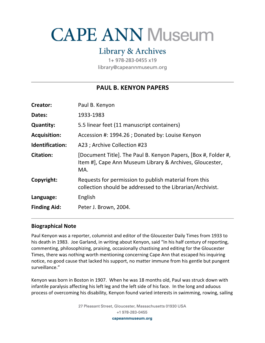 Paul B. Kenyon Papers