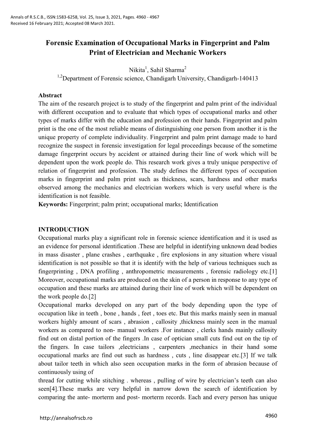 Forensic Examination of Occupational Marks in Fingerprint and Palm Print of Electrician and Mechanic Workers