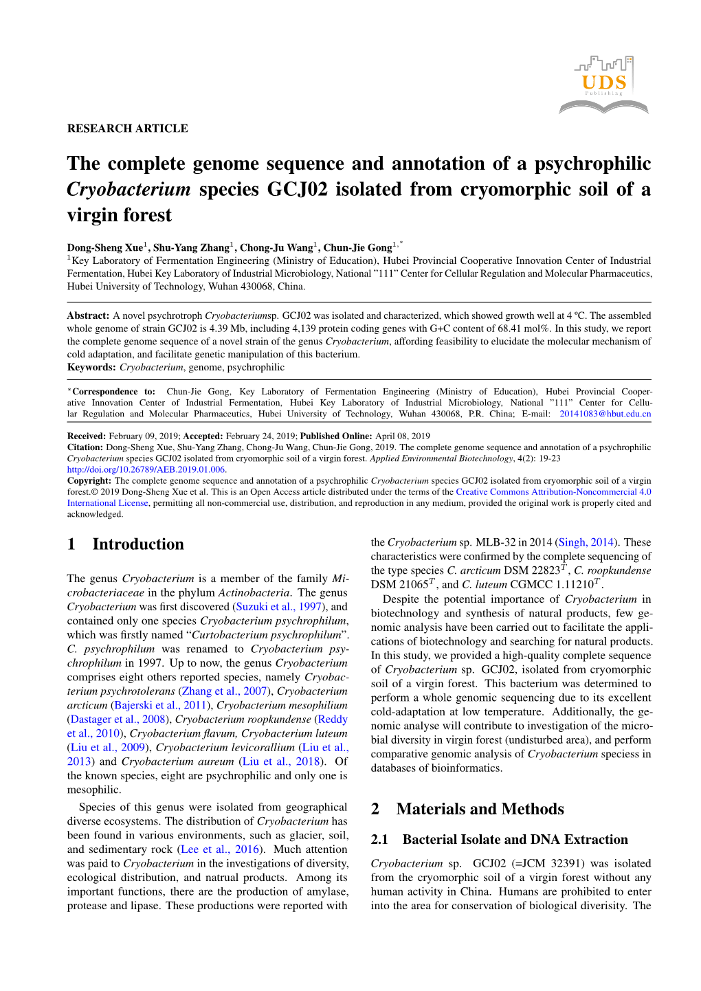 The Complete Genome Sequence and Annotation of a Psychrophilic Cryobacterium Species GCJ02 Isolated from Cryomorphic Soil of a Virgin Forest