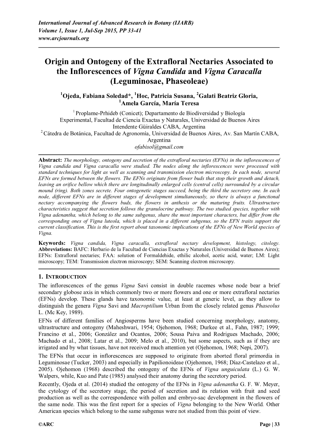 Ontogeny of the Extrafloral Nectaries of Vigna Candida and Vigna Caracalla