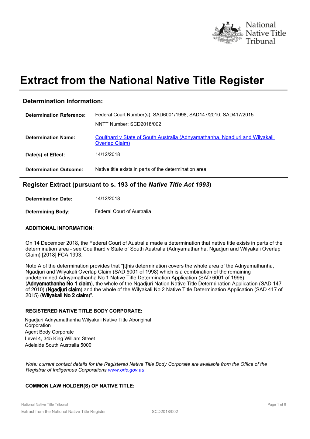 Extract from the National Native Title Register