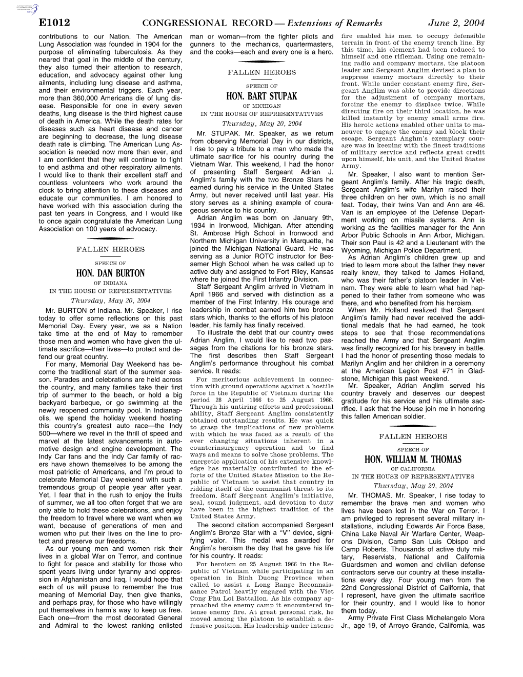 CONGRESSIONAL RECORD— Extensions of Remarks E1012 HON. DAN BURTON HON. BART STUPAK HON. WILLIAM M. THOMAS