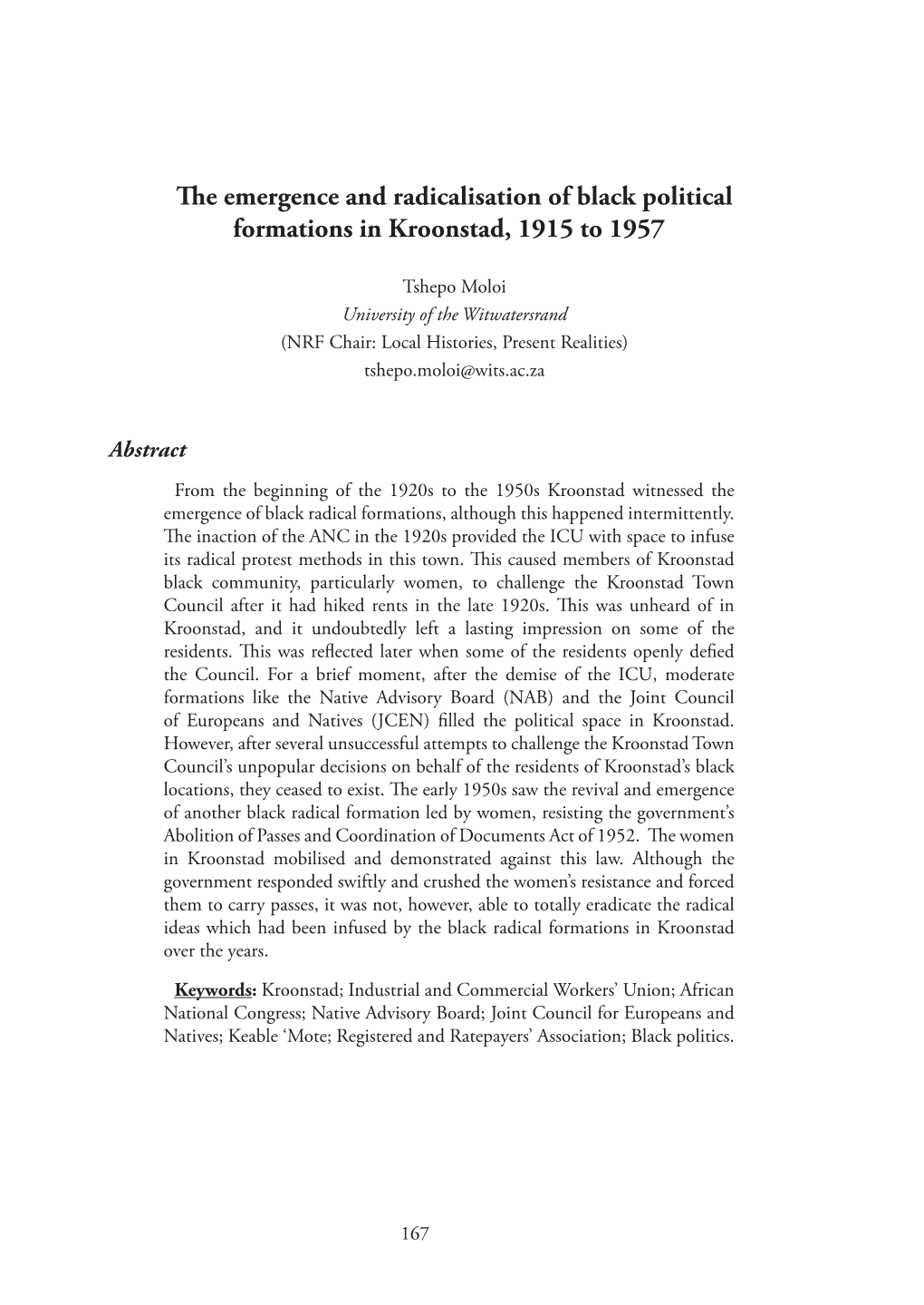 The Emergence and Radicalisation of Black Political Formations in Kroonstad, 1915 to 1957