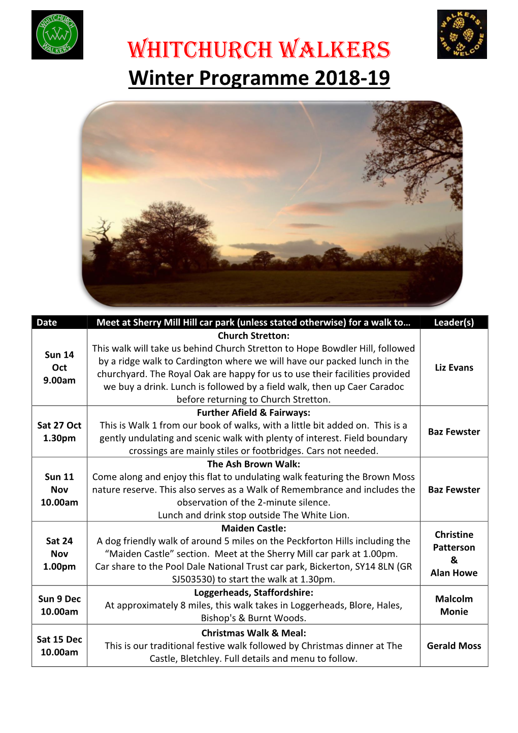 Whitchurch Walkers Winter Programme 2018-19