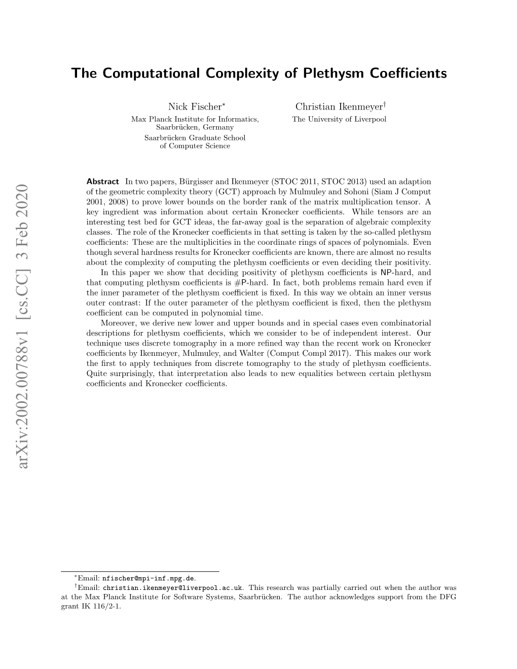 The Computational Complexity of Plethysm Coefficients