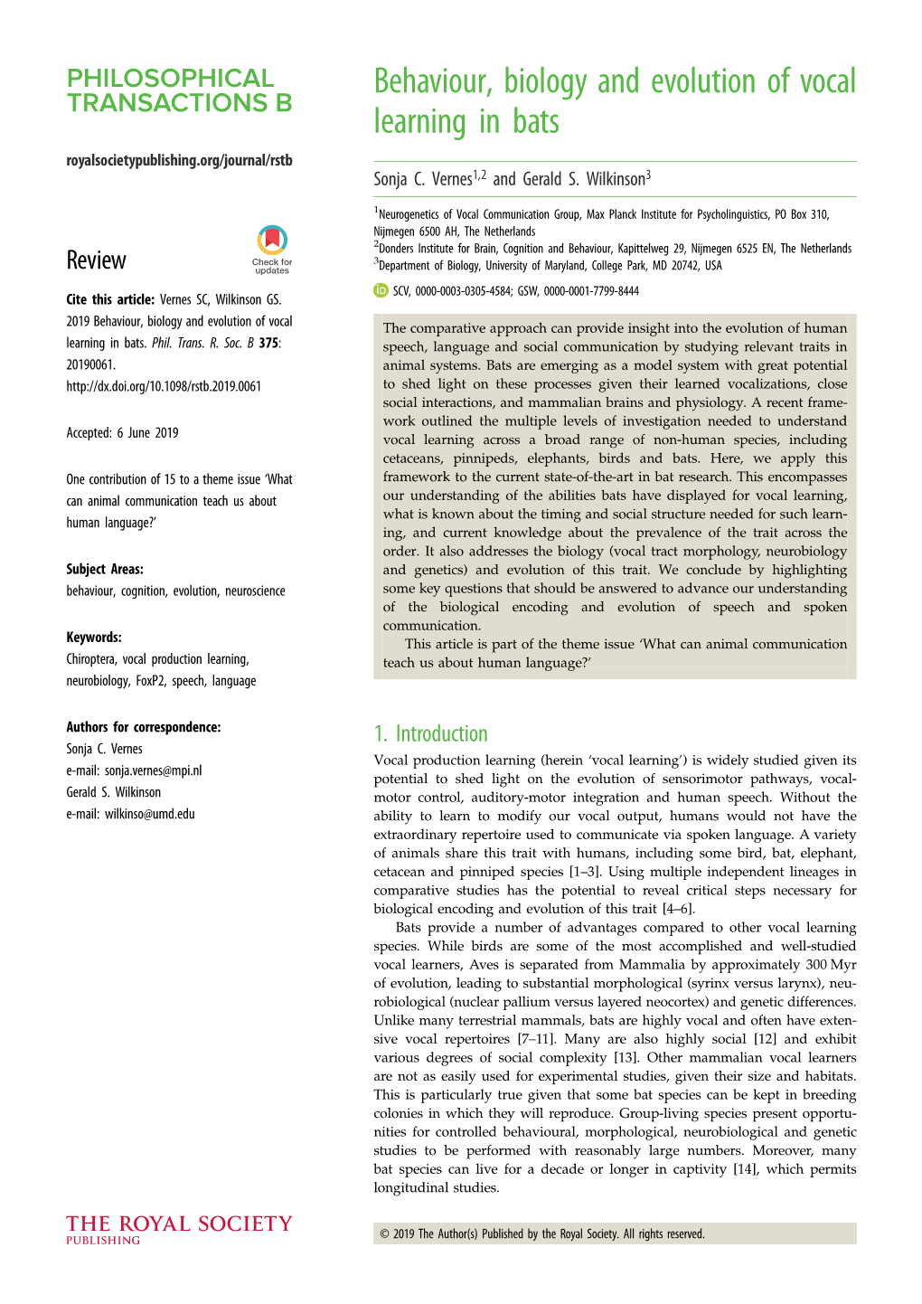 Behaviour, Biology and Evolution of Vocal Learning in Bats Royalsocietypublishing.Org/Journal/Rstb Sonja C