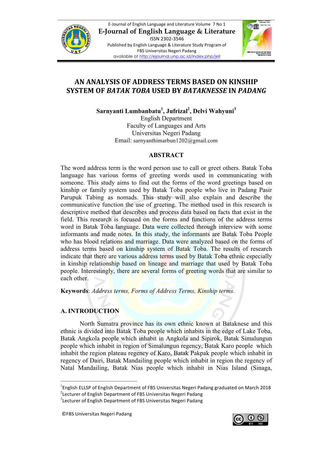 An Analysis of Address Terms Based on Kinship System of Batak Toba Used by Bataknesse in Padang