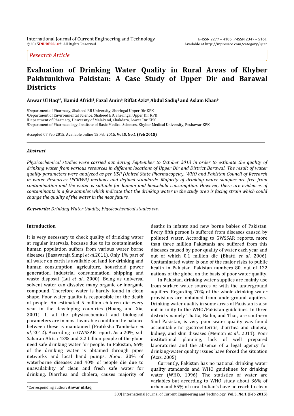 Evaluation of Drinking Water Quality in Rural Areas of Khyber Pakhtunkhwa Pakistan: a Case Study of Upper Dir and Barawal Districts