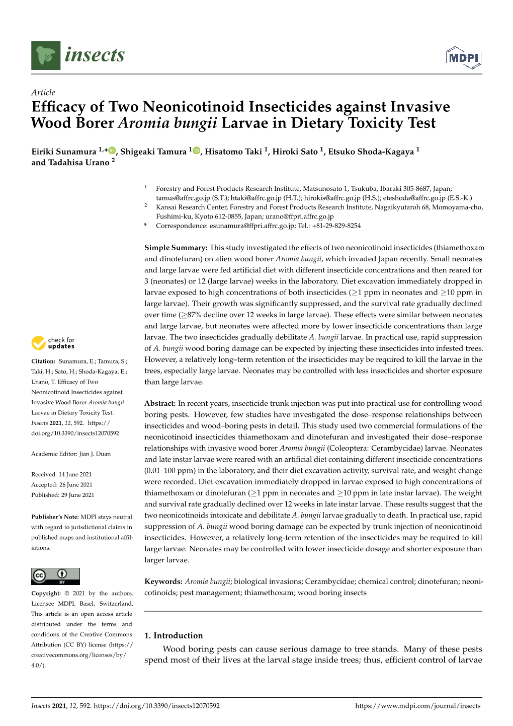 Efficacy of Two Neonicotinoid Insecticides Against Invasive Wood Borer Aromia Bungii Larvae in Dietary Toxicity Test