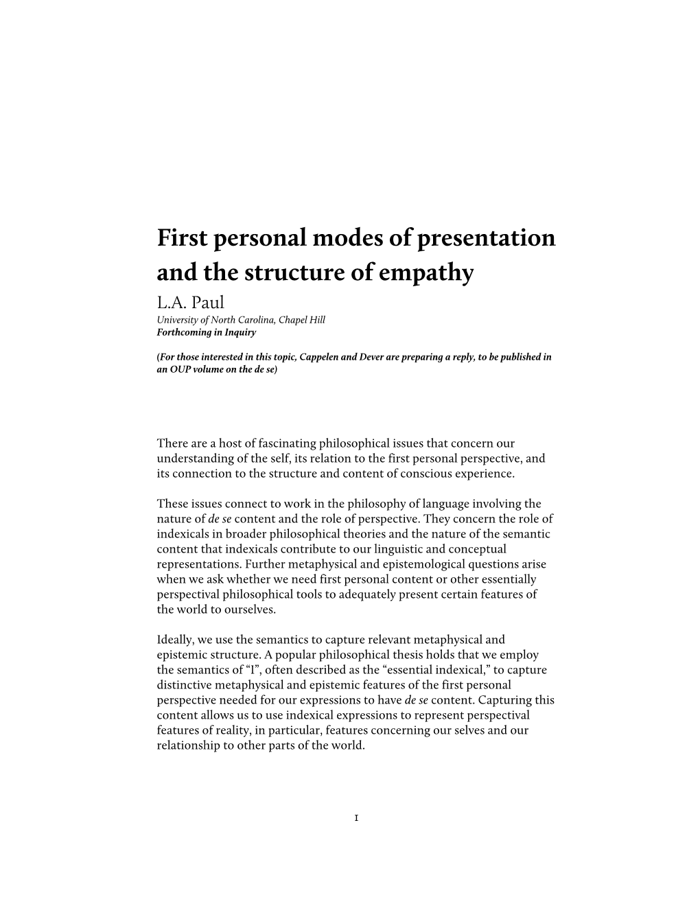 First Personal Modes of Presentation and Empathy