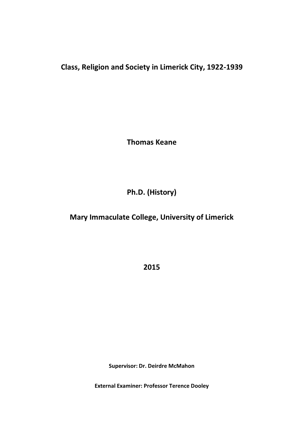 Class, Religion and Society in Limerick City, 1922-1939