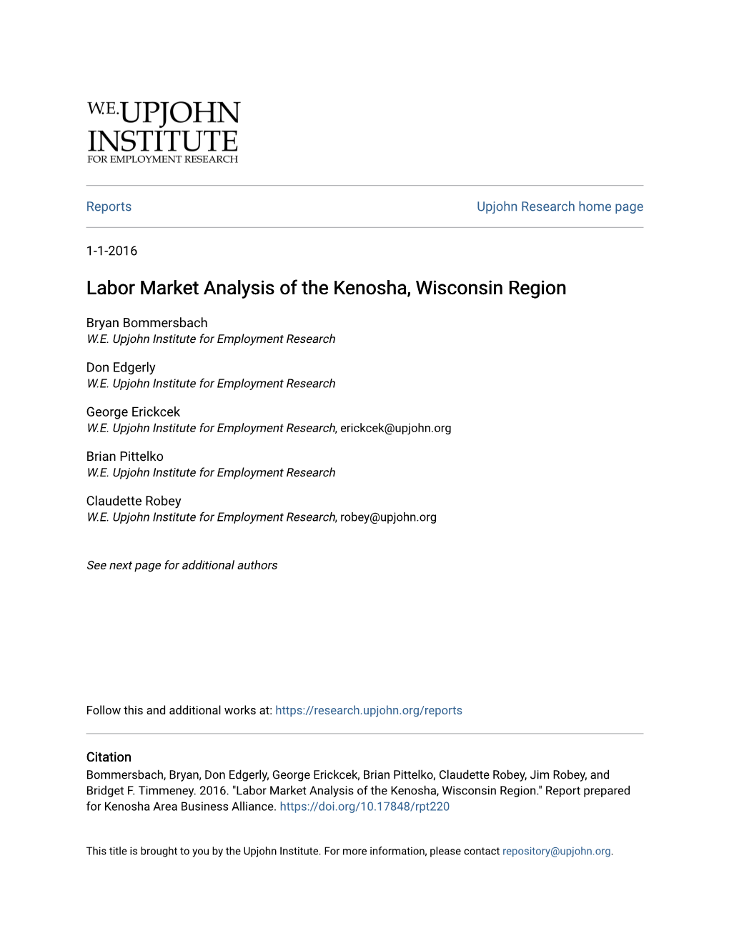 Labor Market Analysis of the Kenosha, Wisconsin Region