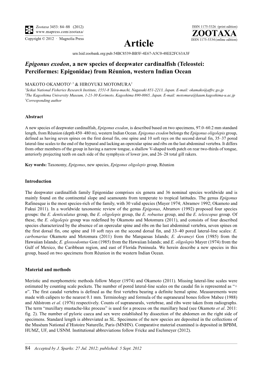 Epigonus Exodon, a New Species of Deepwater Cardinalfish (Teleostei: Perciformes: Epigonidae) from Réunion, Western Indian Ocean