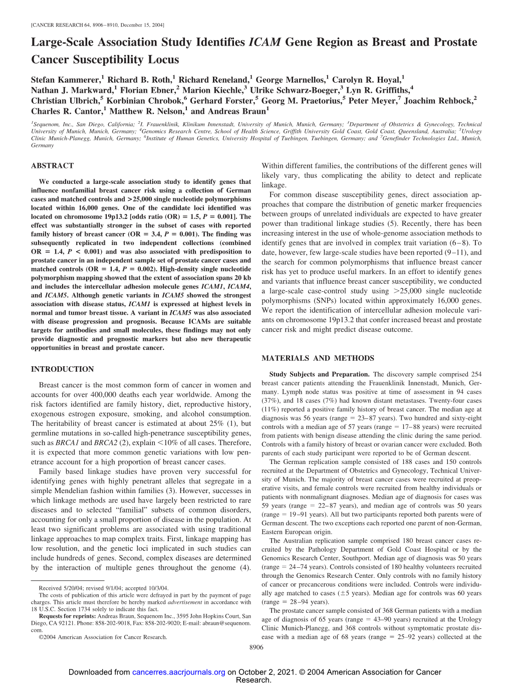 Large-Scale Association Study Identifies ICAM Gene Region As Breast and Prostate Cancer Susceptibility Locus