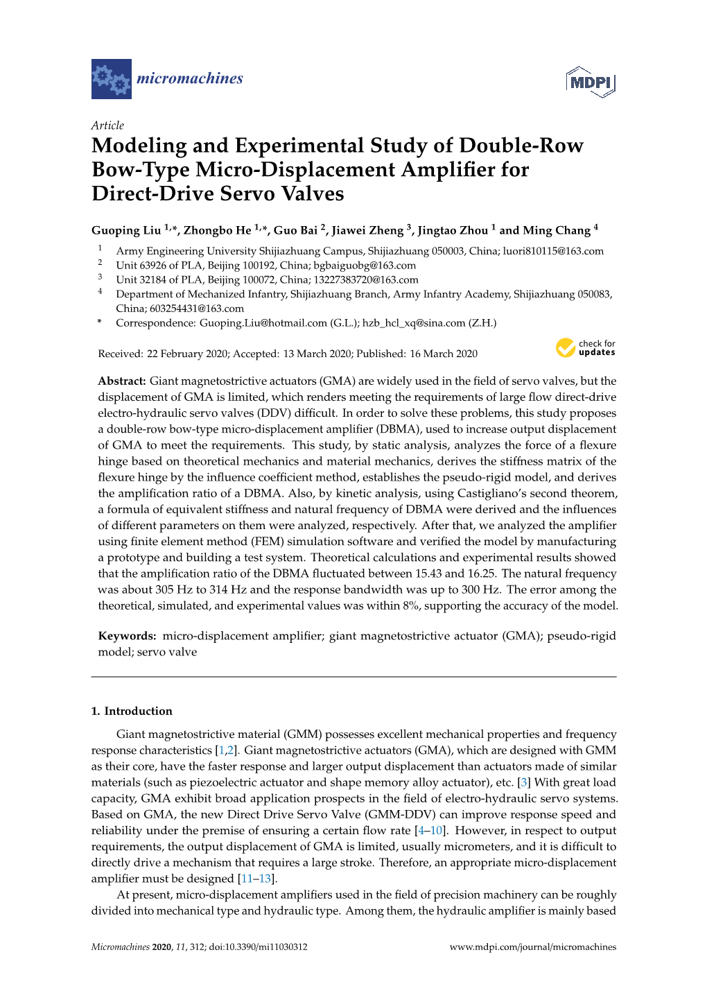 Modeling and Experimental Study of Double-Row Bow-Type Micro-Displacement Ampliﬁer for Direct-Drive Servo Valves