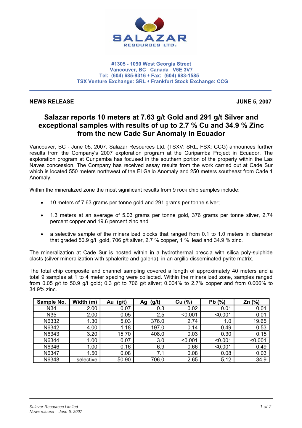 TSX Venture Exchange: SRL S Frankfurt Stock Exchange: CCG