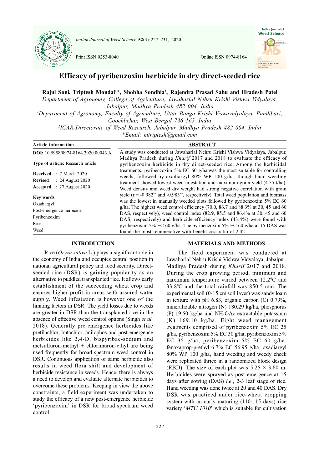 Efficacy of Pyribenzoxim Herbicide in Dry Direct-Seeded Rice