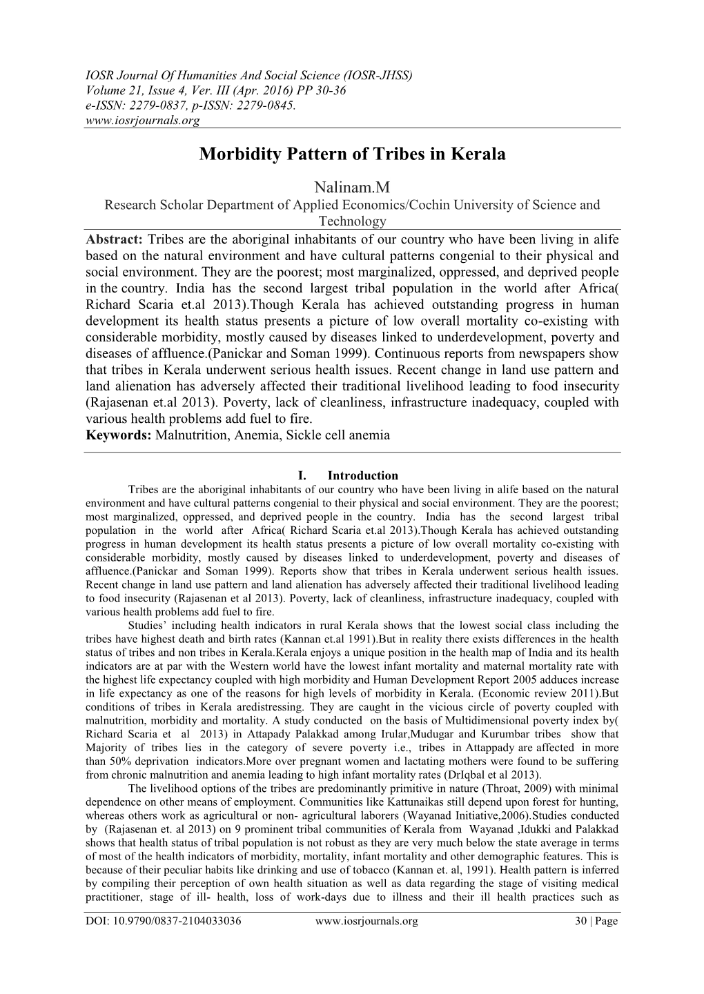 Morbidity Pattern of Tribes in Kerala