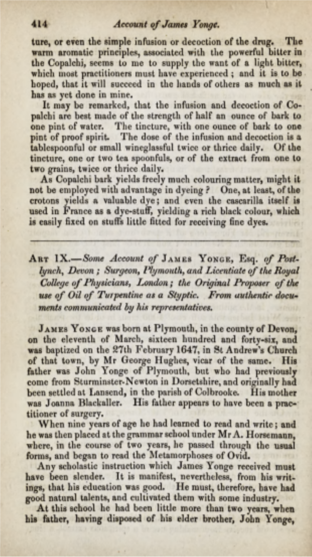 Some Account of James Yonge, Esq. of Postlynch, Devon; Surgeon