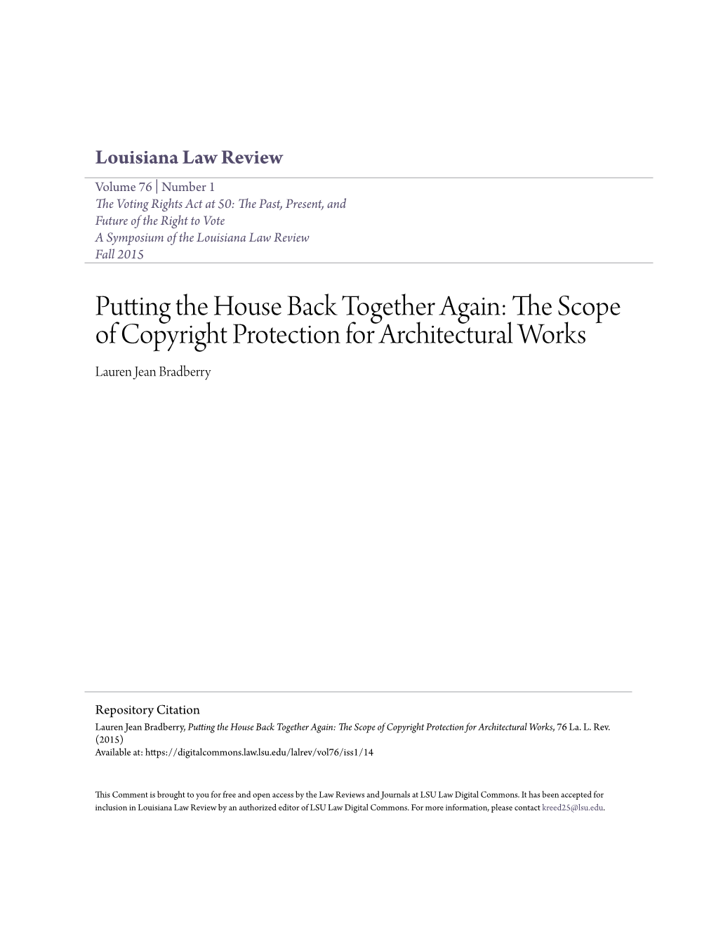 The Scope of Copyright Protection for Architectural Works, 76 La