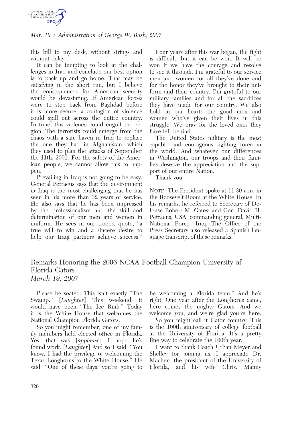 Remarks Honoring the 2006 NCAA Football Champion University of Florida Gators March 19, 2007
