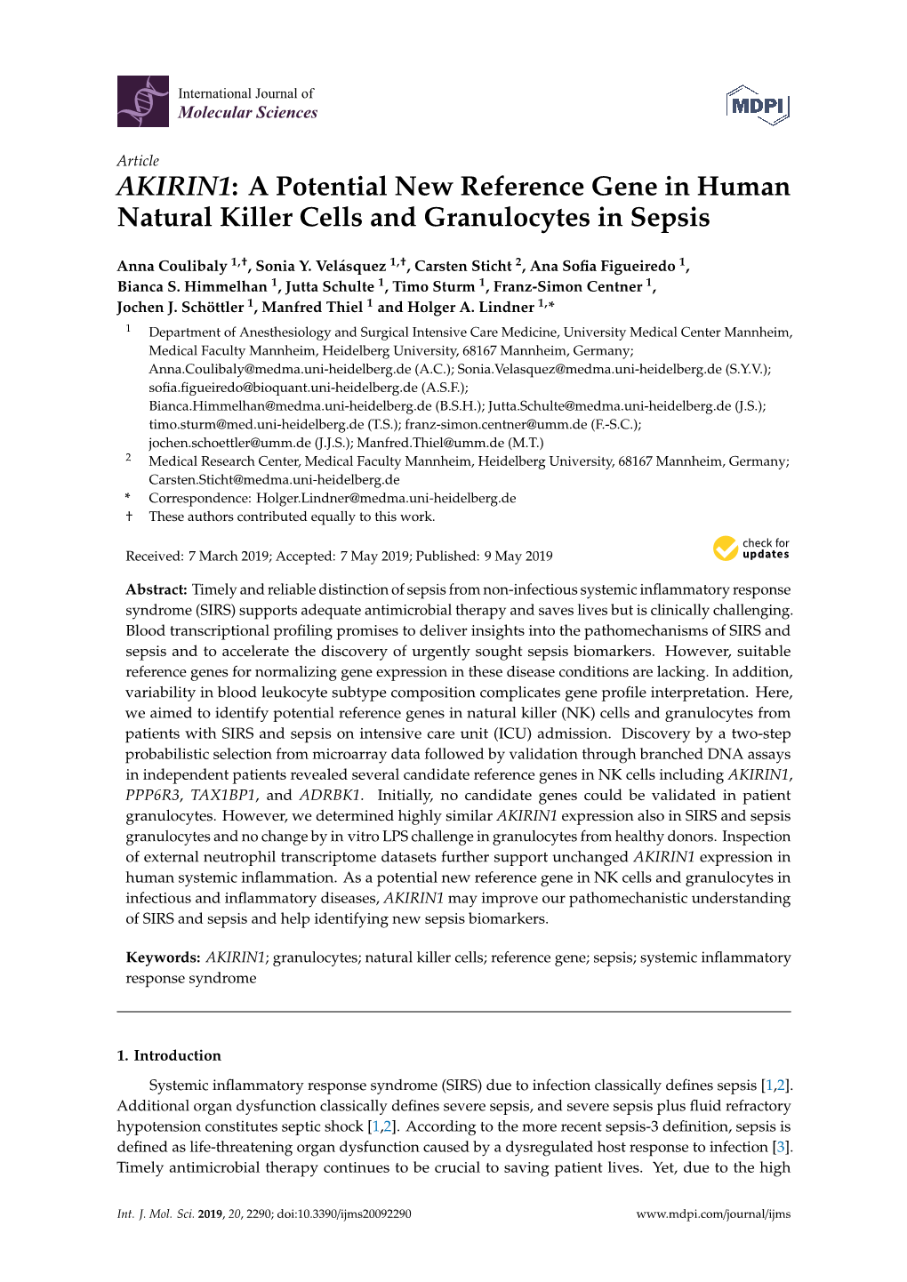 A Potential New Reference Gene in Human Natural Killer Cells and Granulocytes in Sepsis