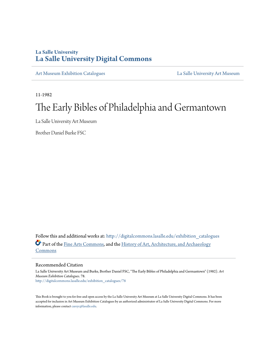 The Early Bibles of Philadelphia and Germantown" (1982)