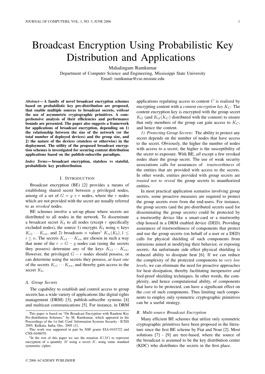 Broadcast Encryption Using Probabilistic Key Distribution And