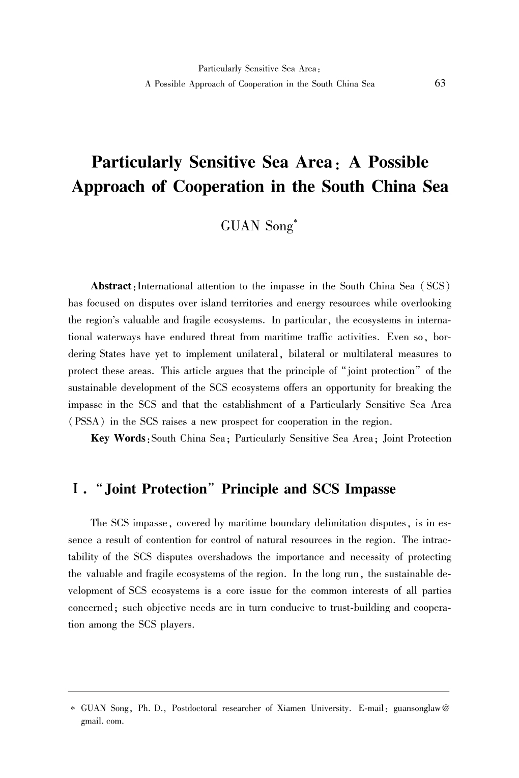 Particularly Sensitive Sea Area: a Possible Approach of Cooperation in the South China Sea 63