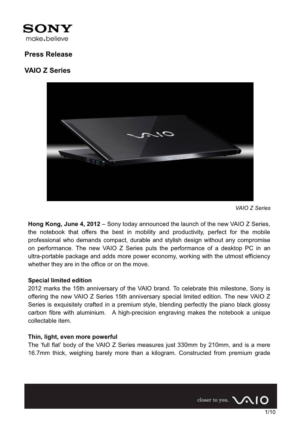 Press Release VAIO Z Series