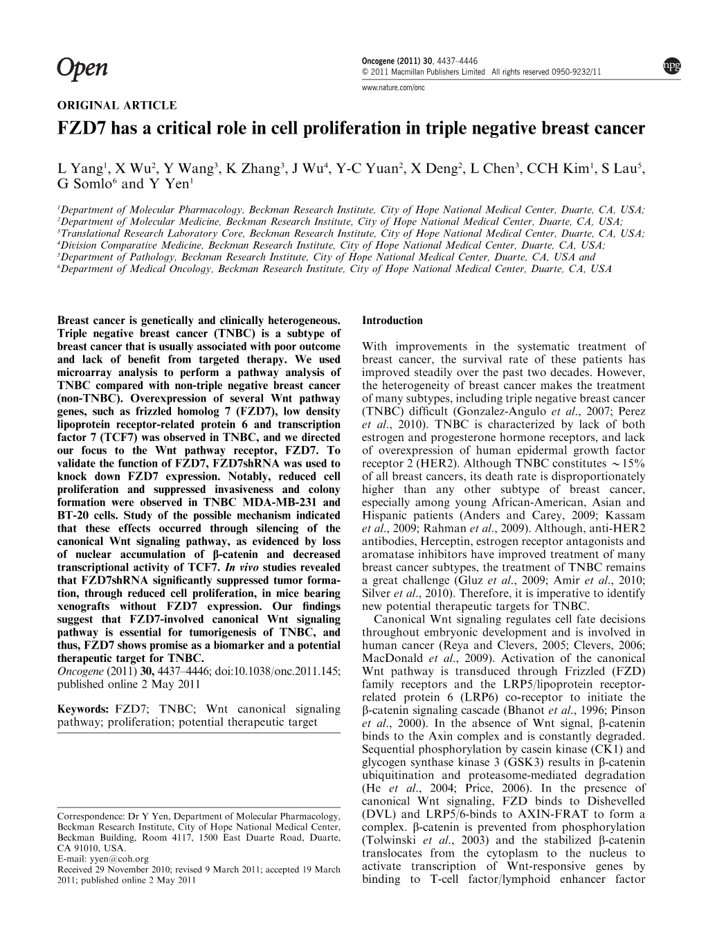 FZD7 Has a Critical Role in Cell Proliferation in Triple Negative Breast Cancer