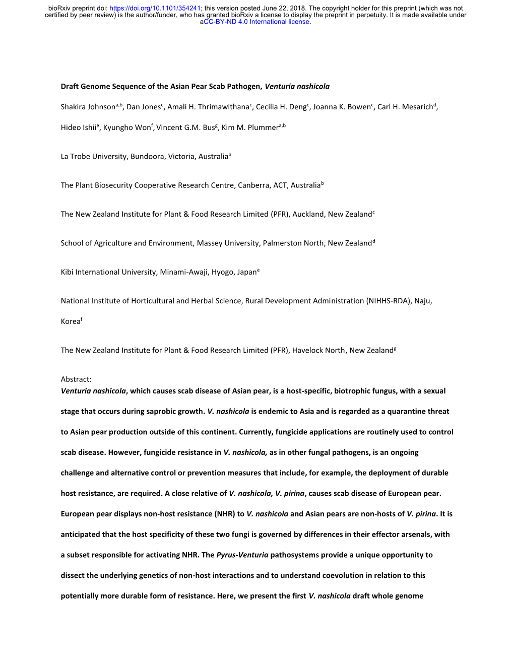 Draft Genome Sequence of the Asian Pear Scab Pathogen, Venturia Nashicola