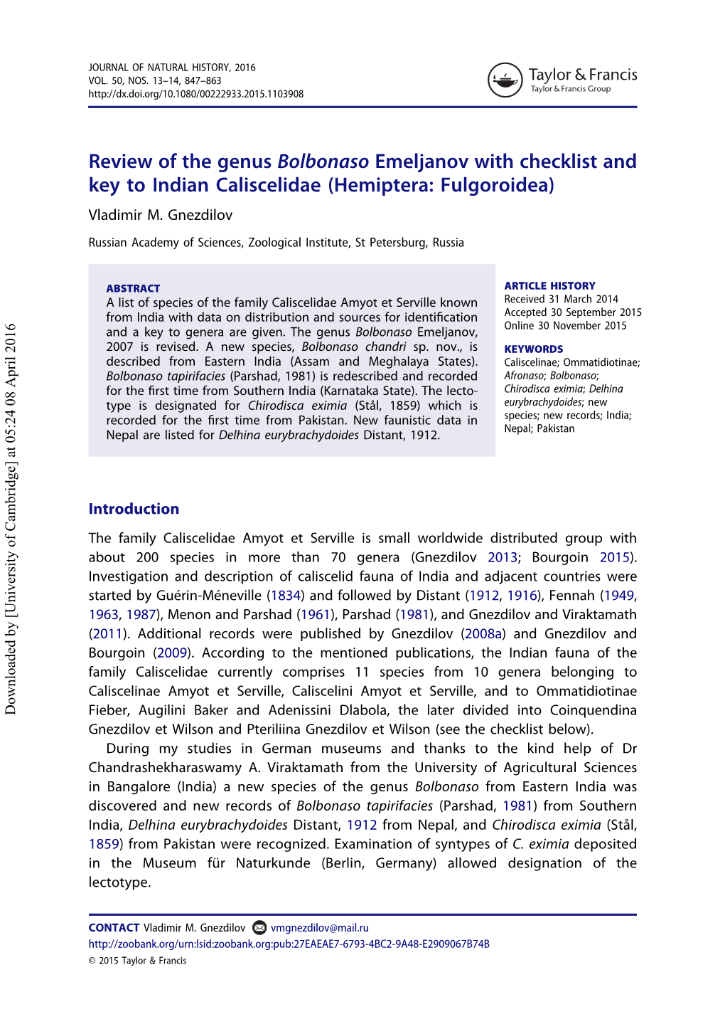 Review of the Genus Bolbonaso Emeljanov with Checklist and Key to Indian Caliscelidae (Hemiptera: Fulgoroidea) Vladimir M