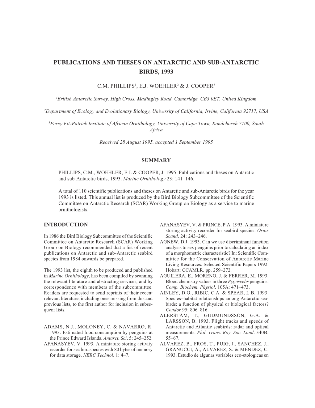 Publications and Theses on Antarctic and Sub-Antarctic Birds, 1993