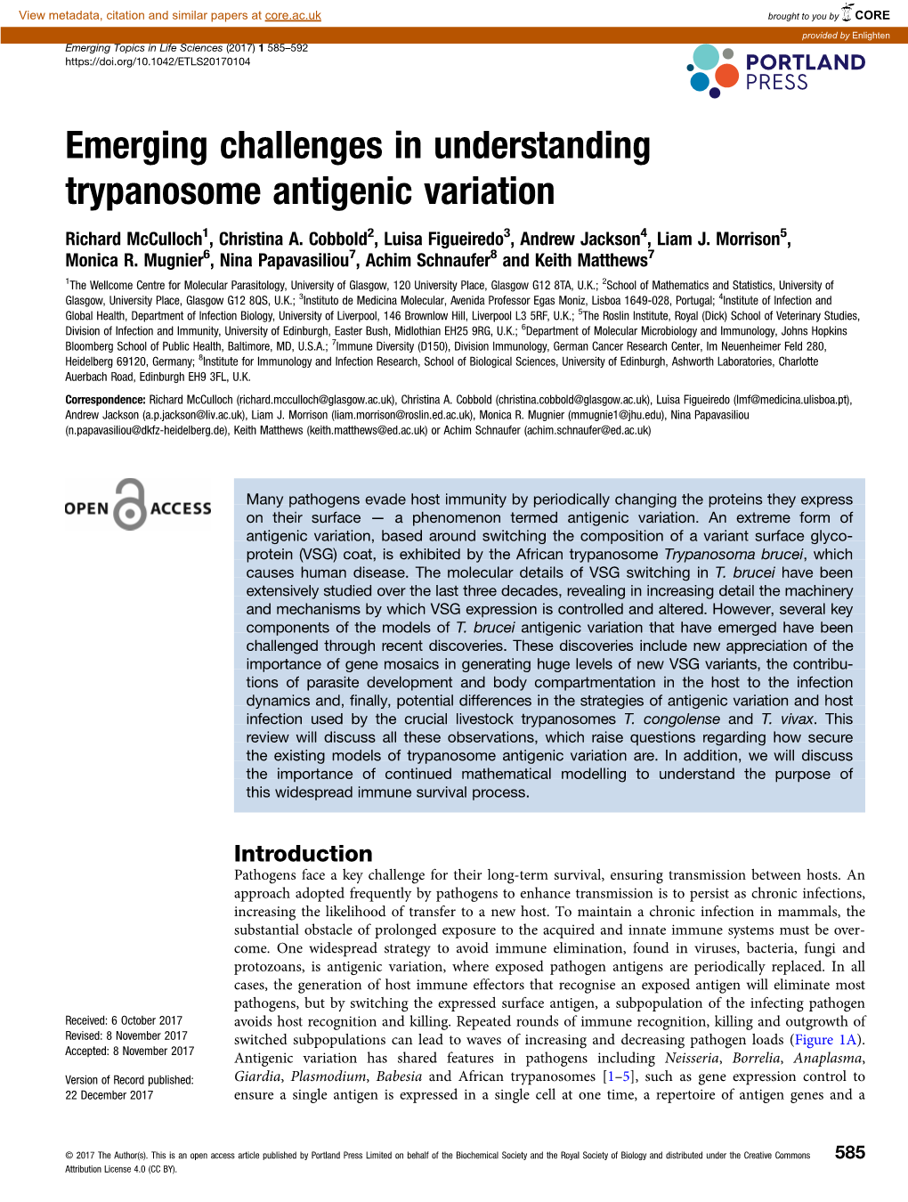 Emerging Challenges in Understanding Trypanosome Antigenic Variation