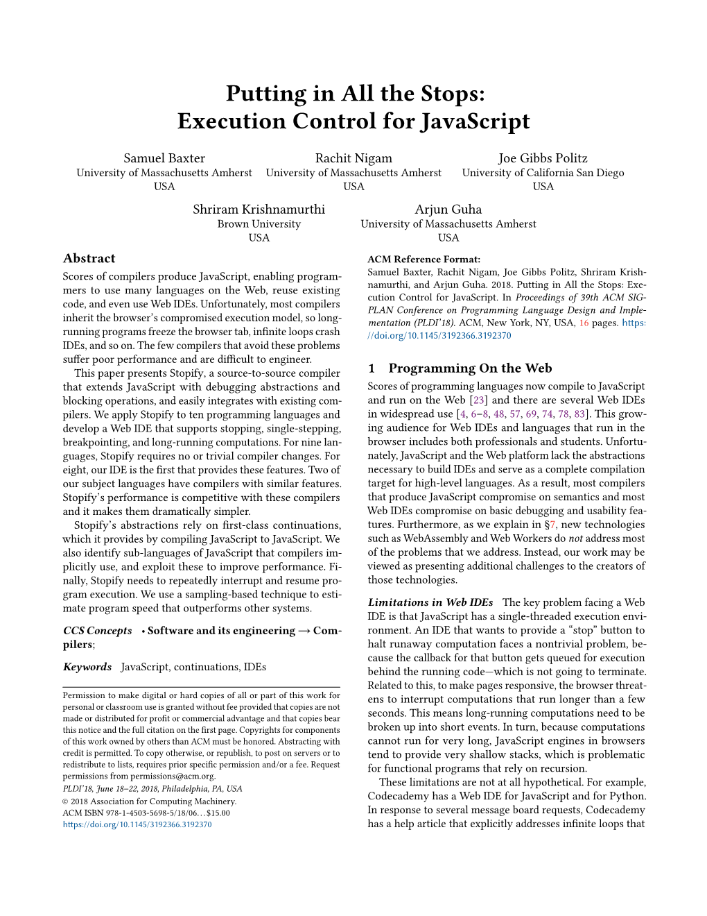 Putting in All the Stops: Execution Control for Javascript