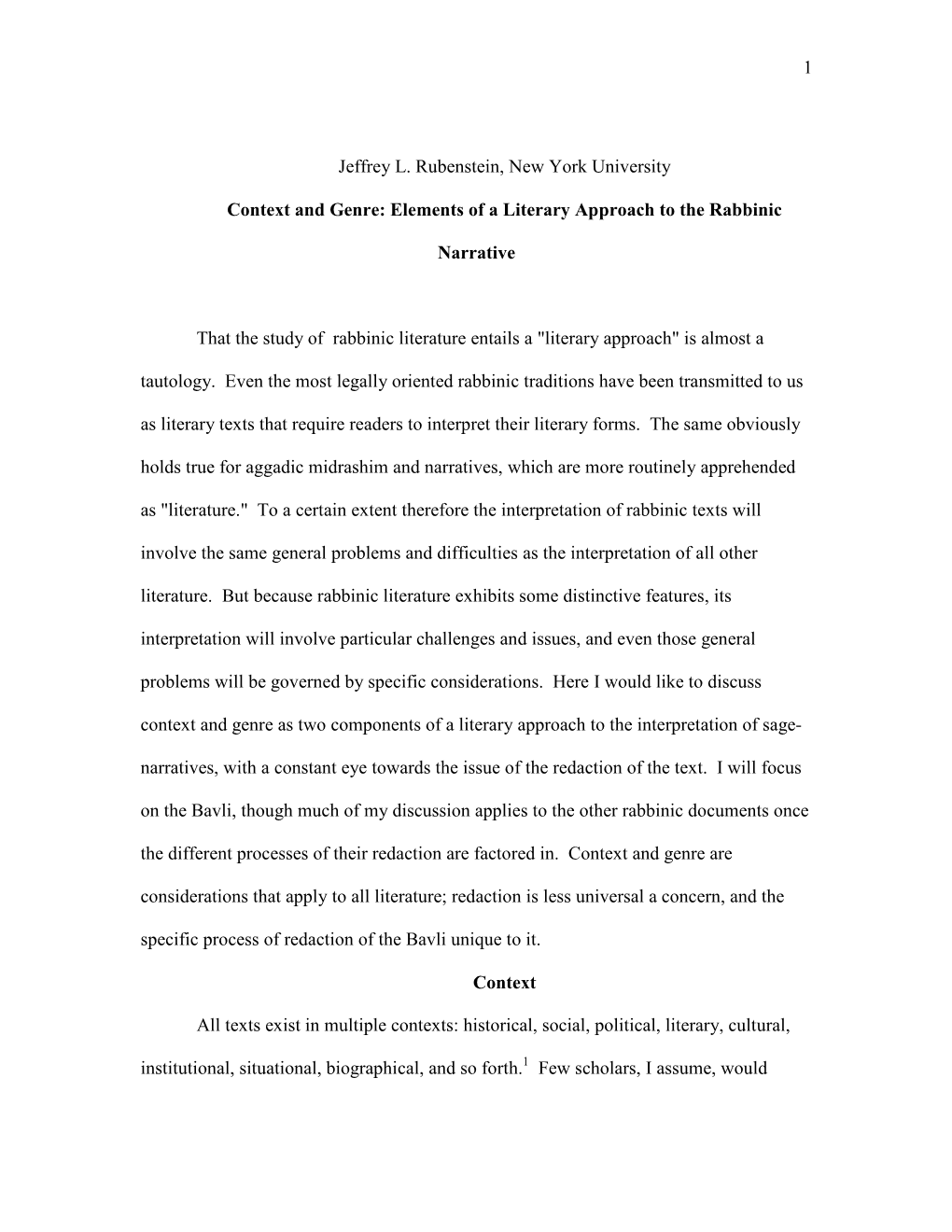 Context and Genre: Elements of a Literary Approach to the Rabbinic