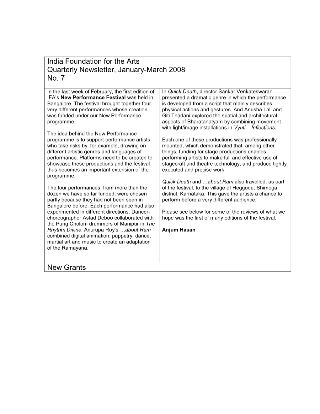 India Foundation for the Arts Quarterly Newsletter, January-March 2008 No