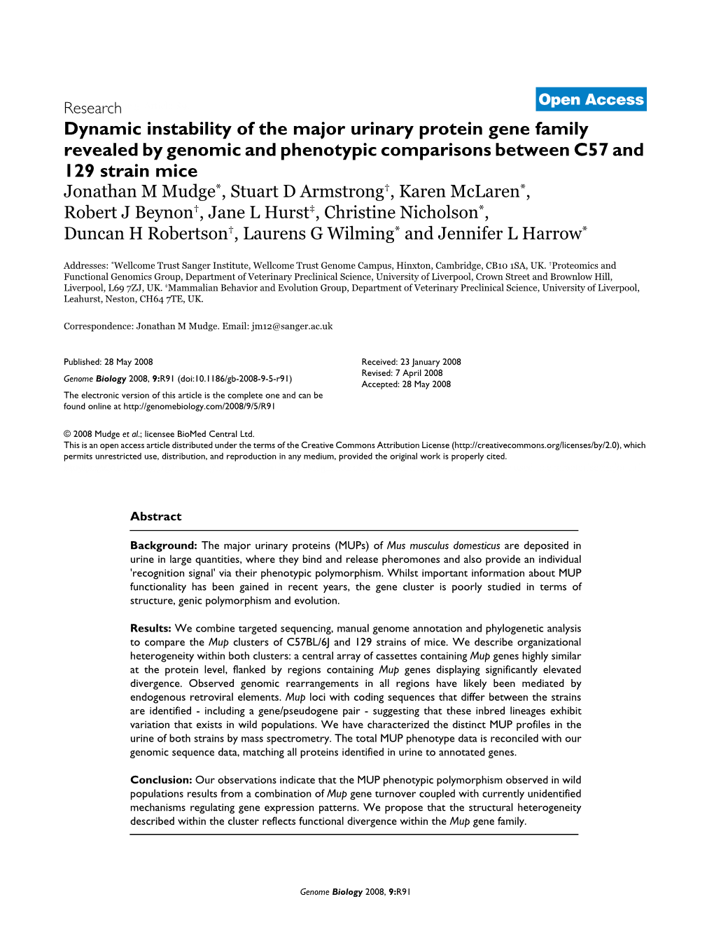 Dynamic Instability of the Major Urinary Protein Gene Family